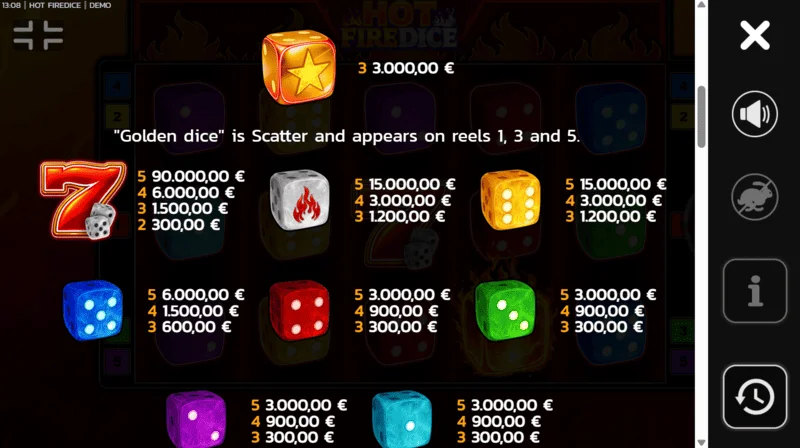 Hot Fire Dice - uitbetalingstabel met extra Wild