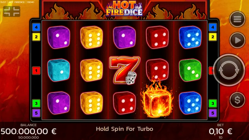 Hot Fire Dice - spelscherm met brandende zevens